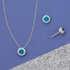 Rhodium Plated Turquoise CZ Halo Jewelry Set - December