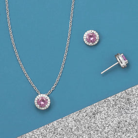 Rhodium Plated Purple CZ Halo Jewelry Set - February
