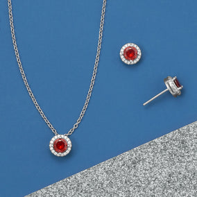 Rhodium Plated Red CZ Halo Jewelry Set - January