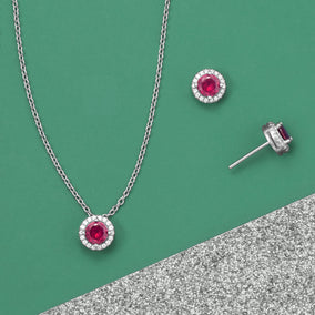 Rhodium Plated Fuchsia CZ Halo Jewelry Set - July