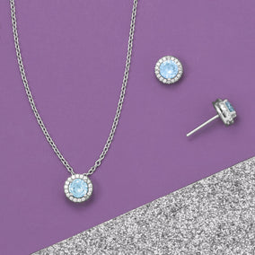 Rhodium Plated Light Blue CZ Halo Jewelry Set - March
