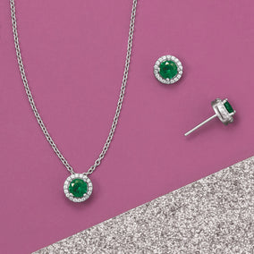 Rhodium Plated Green CZ Halo Jewelry Set - May