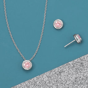 Rhodium Plated Pink CZ Halo Jewelry Set - October