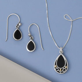 Pear Black Onyx Necklace and Earrings Set