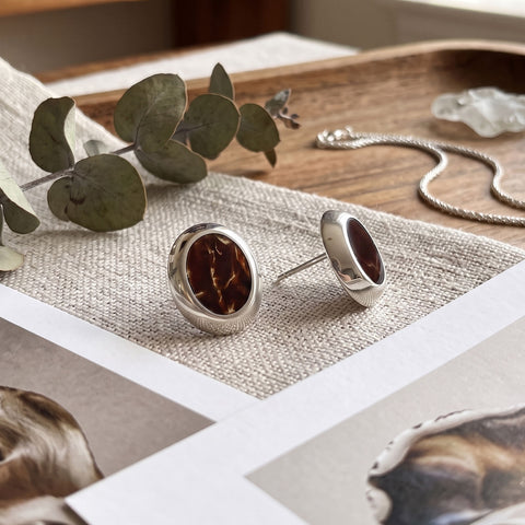 Oval Coconut Shell Post Back Earrings