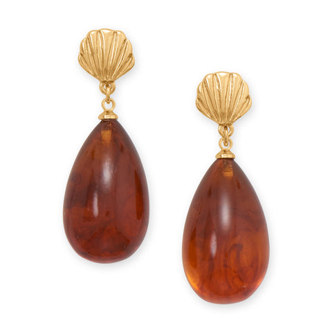 Gold Tone Shell and Marbled Acrylic Drop Fashion Earrings