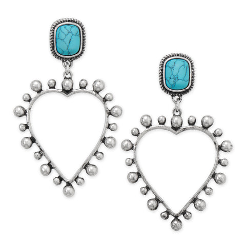 Antique Silver Tone Turquoise Howlite and Heart Drop Fashion Earrings