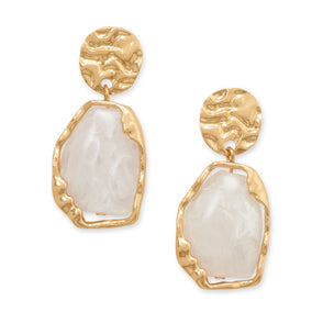 Gold Tone Textured Disc and White Marble Acrylic Drop Fashion Earrings