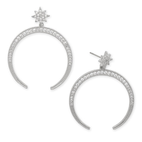 Rhodium Plated Star CZ and Crescent Drop Fashion Earrings