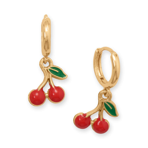 Gold Tone Red Enamel Cherry Drop Fashion Hoop Earrings