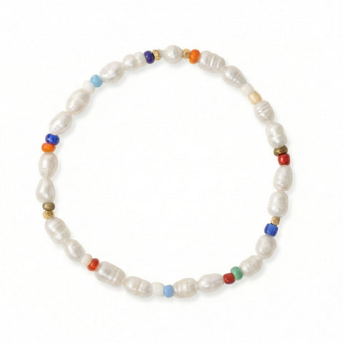 Rainbow Seed Bead and Cultured Freshwater Pearl Stretch Bracelet