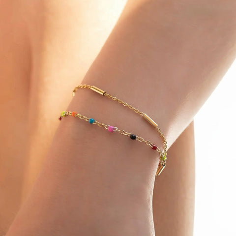 6.5" + 1" 18 Karat Gold PVD Stainless Steel Multicolor Confetti Satellite Bracelet