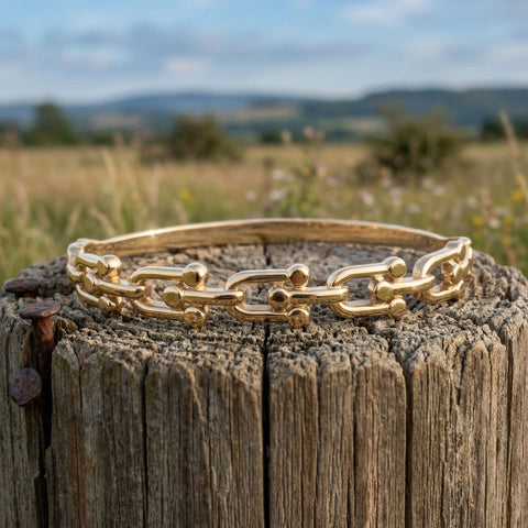 18 Karat Gold PVD Stainless Steel Horse Bit Hinged Bangle Bracelet