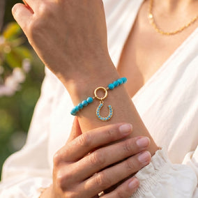 7" 18 Karat Gold PVD Stainless Steel Reconstituted Turquoise Inverted Hinge Bracelet