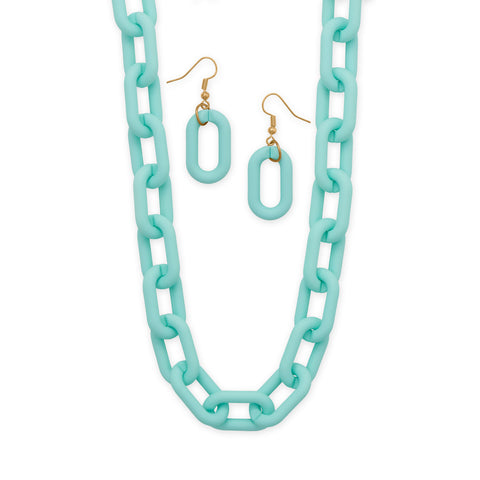 16" + 3" Gold Tone Pastel Blue Silicone Link Fashion Necklace and Earring Set