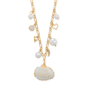 16" + 3" Gold Tone Shell and Pearl Charm Fashion Necklace