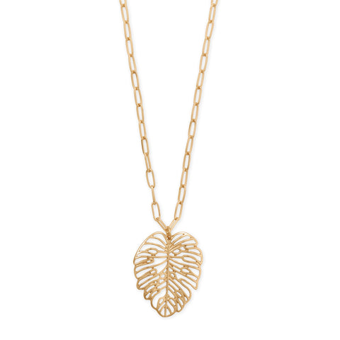 24" + 3" Gold Tone Palm Leaf Fashion Necklace