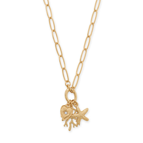 16" + 3" Gold Tone Starfish, Heart and Coral Fashion Necklace