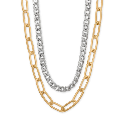 18" + 3" Paperclip and Curb Chain Mixed Metal Fashion Necklace Set