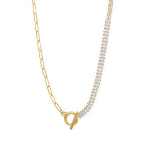 18" Gold Tone Asymmetrical CZ and Paperclip Toggle Fashion Necklace