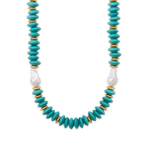 16" + 3" Gold Tone Imitation Pearl and Wood Bead Fashion Necklace