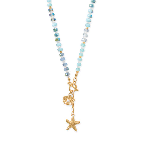 16" Gold Tone Seashell and Starfish Drop Toggle Necklace