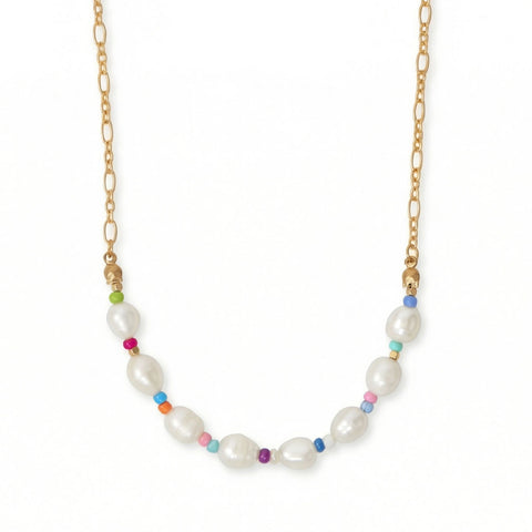 18" + 3" Rainbow Seed Bead and Cultured Freshwater Pearl Necklace