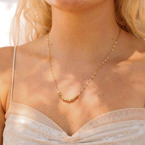 18" + 2" 18 Karat Gold PVD Stainless Steel Brushed Cube Bead Necklace