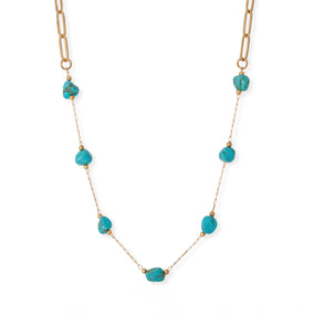 16" + 2" 18 Karat Gold PVD Stainless Steel Turquoise Station Paperclip Chain Necklace