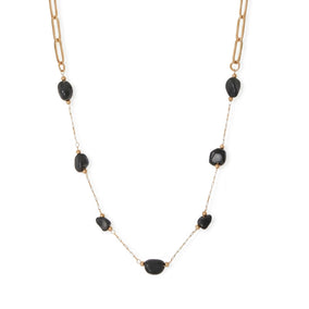 16" + 2" 18 Karat Gold PVD Stainless Steel Black Onyx Station Paperclip Chain Necklace