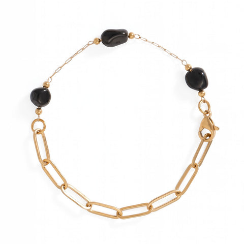 7" 18 Karat Gold PVD Stainless Steel Black Onyx Station Bracelet