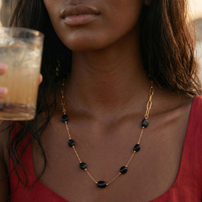 16" + 2" 18 Karat Gold PVD Stainless Steel Black Onyx Station Paperclip Chain Necklace