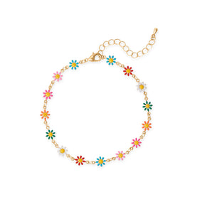 9" + 2" Gold Tone Multi Color Enamel Flower Fashion Anklet