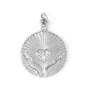 Stainless Steel Crystal Open Hands Medallion Charm
