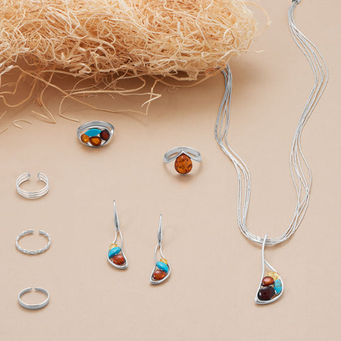 Oblong Multi Color Amber and Turquoise Lever Earrings