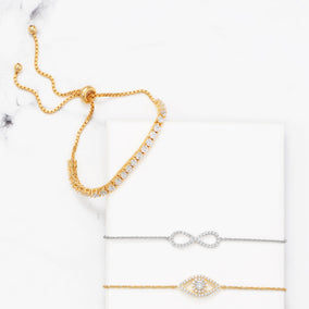 14 Karat Gold Plated CZ Evil Eye Friendship Bolo Bracelet