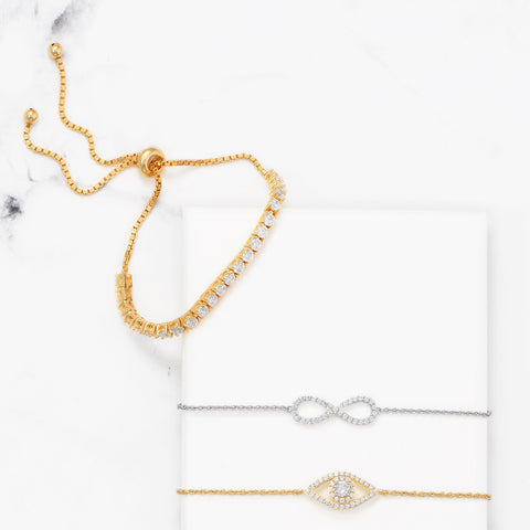 14 Karat Gold Plated CZ Evil Eye Friendship Bolo Bracelet