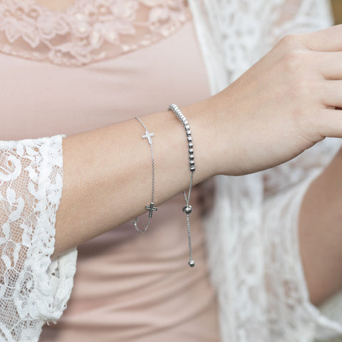 Rhodium Plated Round Bead Bolo Bracelet