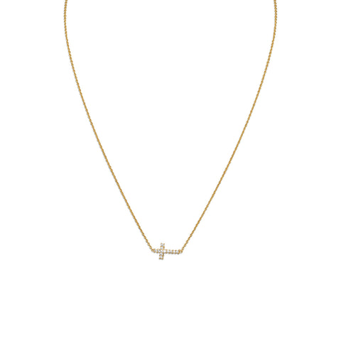 16" 14 Karat Gold Plated Necklace with Sideways CZ Cross