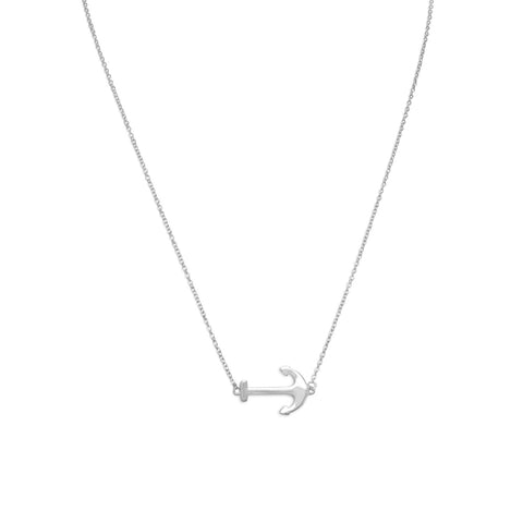 16" + 2" Rhodium Plated Sideways Anchor Necklace