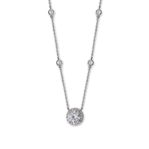 15" + 2" Rhodium Plated 8mm Halo CZ and Bezel CZ Necklace