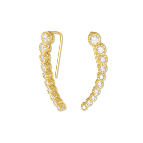 Textured 14 Karat Gold Plated Bezel CZ Ear Climbers