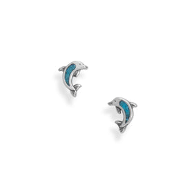 Oxidized Turquoise Chip Dolphin Stud Earrings