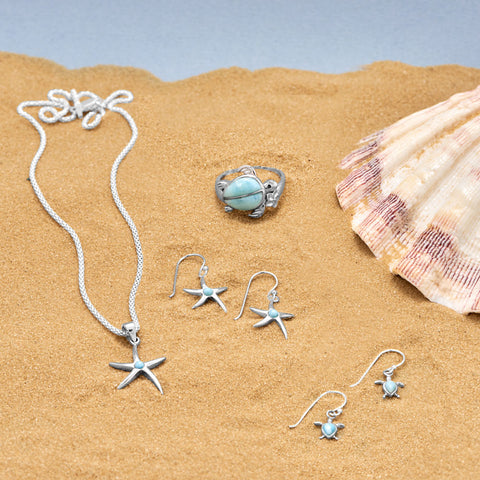 Rhodium Plated 3mm Larimar Starfish Earrings