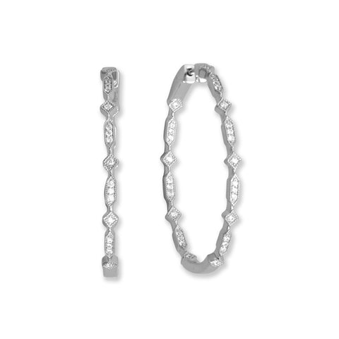 Rhodium Plated In/Out CZ Diamond and Elongated Hexagon Hoop Earrings