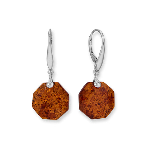 Rhodium Plated Octagon Baltic Amber Lever Earrings