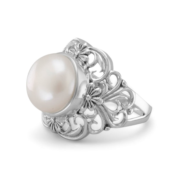 Ornate Cultured Freshwater Pearl Ring - Wholesale Silver