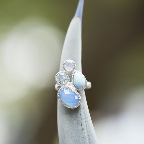 Chalcedony, Larimar, Topaz and Moonstone Cluster Ring