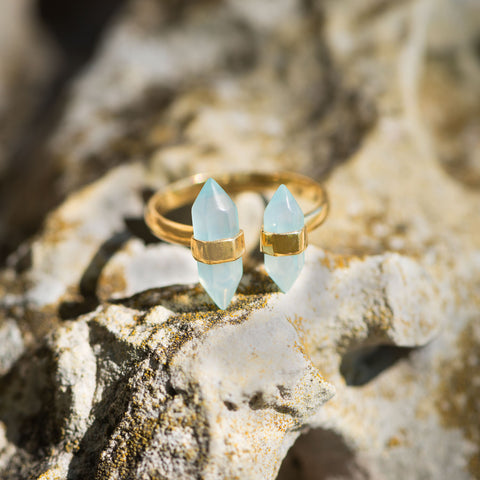 14 Karat Gold Plated Spike Pencil Cut Aqua Chalcedony Split Ring