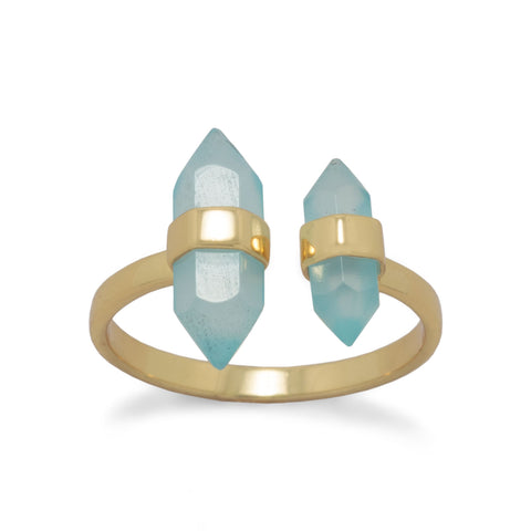 14 Karat Gold Plated Spike Pencil Cut Aqua Chalcedony Split Ring